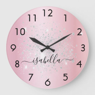 Blush roze zilverglitternaam script glamoureus grote klok