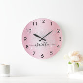 Blush roze zilverglitternaam script glamoureus grote klok (Huis)