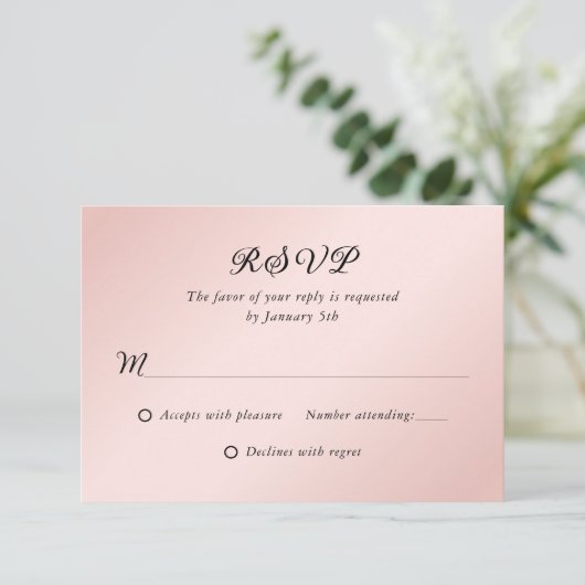 Blush Roze Zwart Elegant Minimalistische Bruiloft RSVP Kaartje (Staand voorkant)