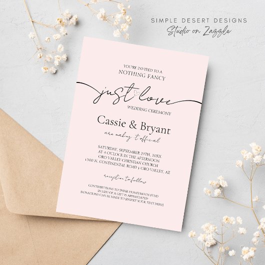 Blush Roze & Zwart Gewoon Liefde Modern Script Wed Kaart