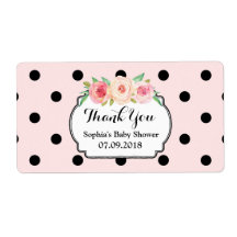 Blush Roze Zwart Stippen Bloemen Baby shower Label