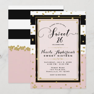 Blush Roze Zwart Wit & Goud Glam SWEET 16 Feestje Kaart