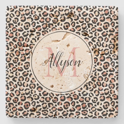 Blush roze zwarte leopard printMonogram Stenen Onderzetter (Voorkant)