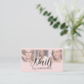Blush Roze Zwarte Script 3 Foto QR Code Nagel Tech Visitekaartje (Staand voorkant)