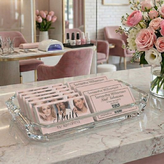 Blush Roze Zwarte Script 3 Foto QR Code Nagel Tech Visitekaartje