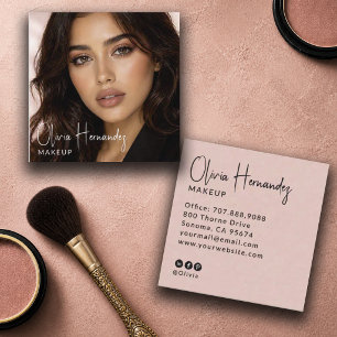 Blush Roze Zwarte Script Foto Make-up Artiest Vierkante Visitekaartje