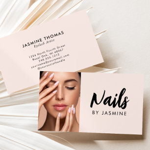 Blush Roze Zwarte Script Foto Nagel Specialist Visitekaartje