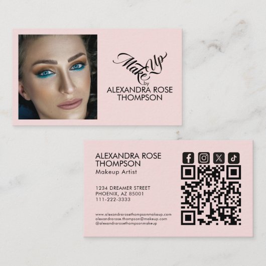 Blush Roze Zwarte Script Qr Code Social Icon Make- Visitekaartje (Voorkant / Achterkant)