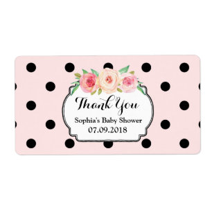 Blush roze zwarte Stippen Floral Baby shower Label