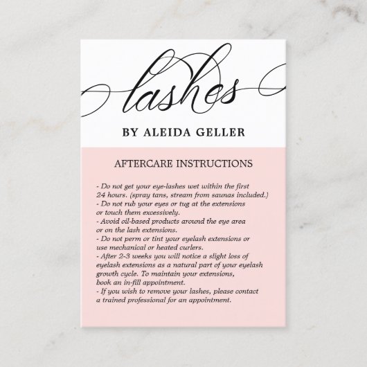 Blush Roze Zwervel Script Lash Artist Nazorg Visitekaartje (Voorkant)