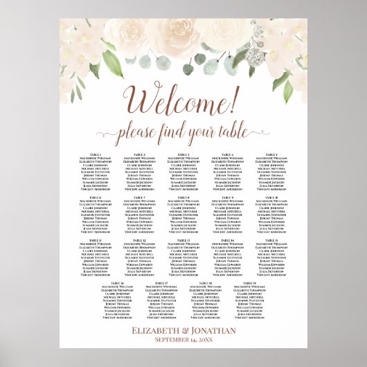 Blush Rozen 19 Table Wedding Seating Chart Poster (Voorkant)