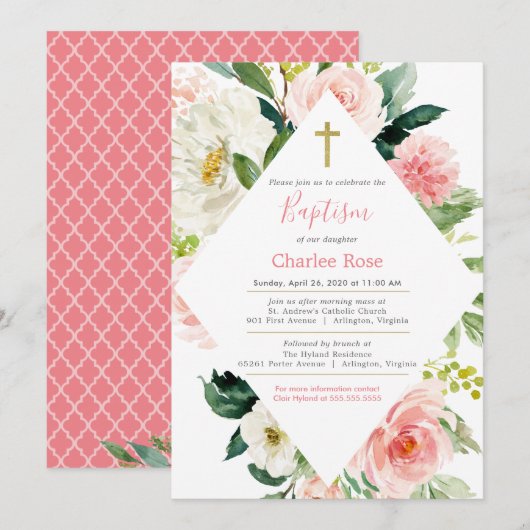 Blush Rozen Baby Baptisme en Brunch Pink & White Kaart (Voorkant / Achterkant)