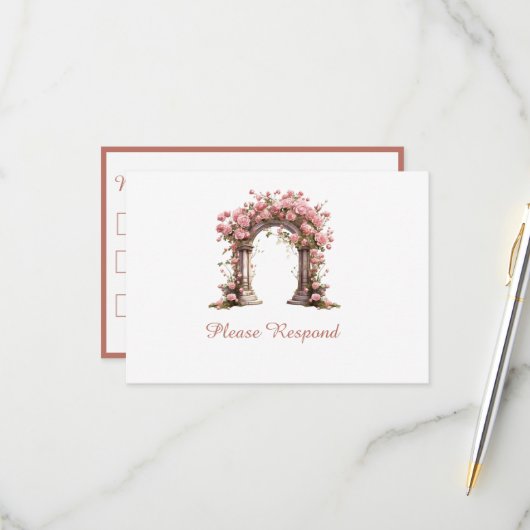 Blush Rozen Boho bruiloft boog bruiloft RSVP Kaartje (Voorkant / Achterkant in situ)