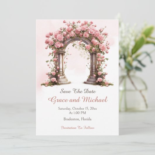 Blush Rozen Boho bruiloft boog bruiloft Save The Date (Staand voorkant)