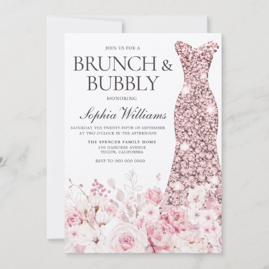 Blush Rozen Dress Vrijgezellenfeest Brunch & Bubbl Kaart (Voorkant)