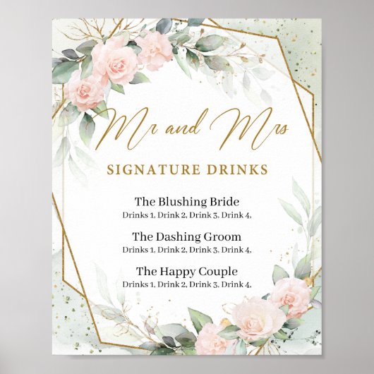 Blush rozen en greenery gold signature drinken poster (Voorkant)