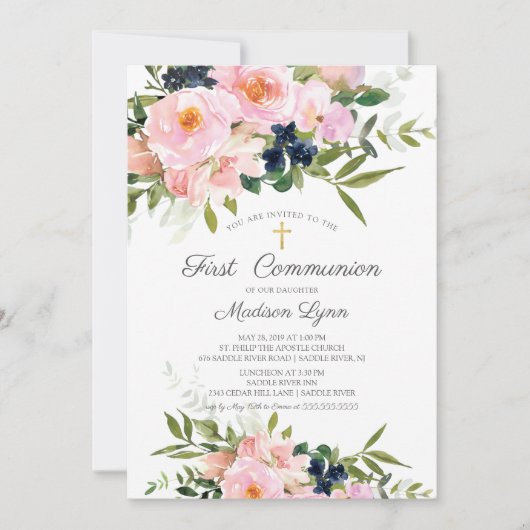Blush Rozen en pinda's First Communie Kaart (Voorkant)
