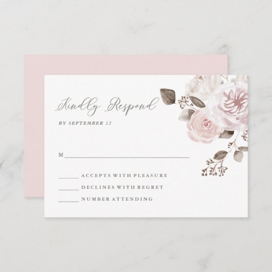 Blush Rozen en pioenen | Bruiloft RSVP Kaartje (Voorkant / Achterkant)