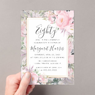 Blush Rozen Floral Gold Lijst 80e tachtigjarig Acryl Uitnodigingen