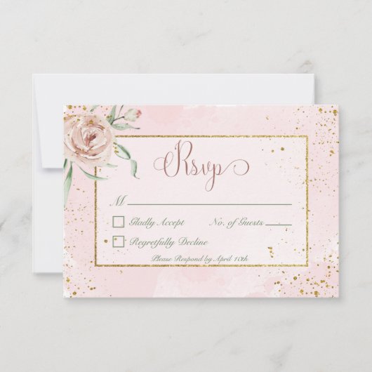 Blush Rozen & gouden accenten bruiloft RSVP Kaartje (Voorkant)