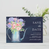 Blush Rozen Hydrangea Marine Blauw Huwelijk Save The Date (Staand voorkant)