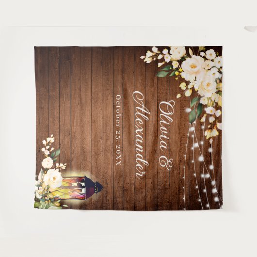 Blush Rozen Lantern Rustic Wood Weddenschap Backdr Wandkleed (Voorkant (horizontaal))