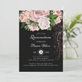  Blush Rozen op Black Quinceanera Kaart (Staand voorkant)