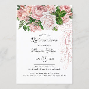  Blush Rozen op White Quinceanera Kaart