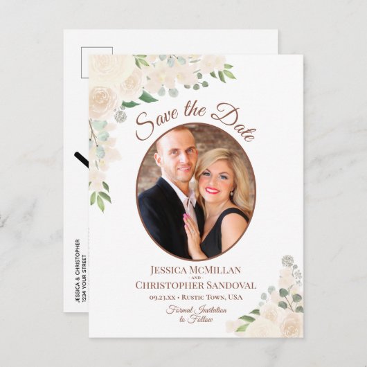 Blush Rozen Ovale foto Weddenschap Opslaan Datum Aankondigingskaart (Voorkant / Achterkant)