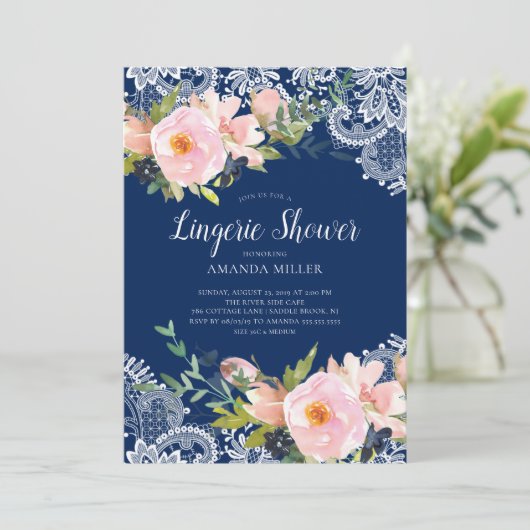 Blush Rozen & Peonies Lace Bridal Lingerie Shower Kaart (Staand voorkant)
