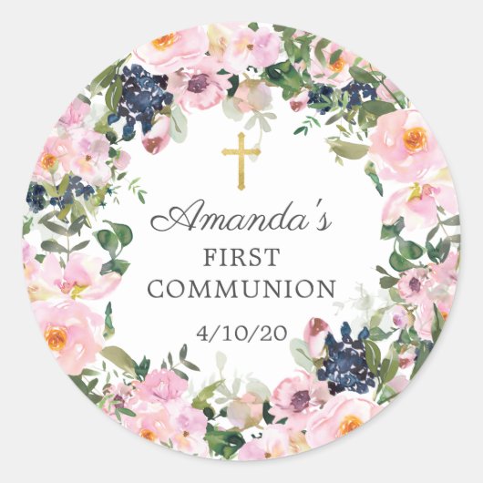 Blush Rozen & Pioenen Eerste Communie Sticker (Voorkant)
