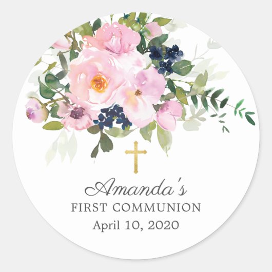 Blush Rozen & Pioenen Eerste Communie Sticker (Voorkant)