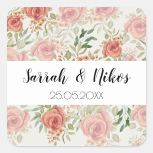 Blush Rozen Waterverf Art Handbeschilderd Vierkante Sticker