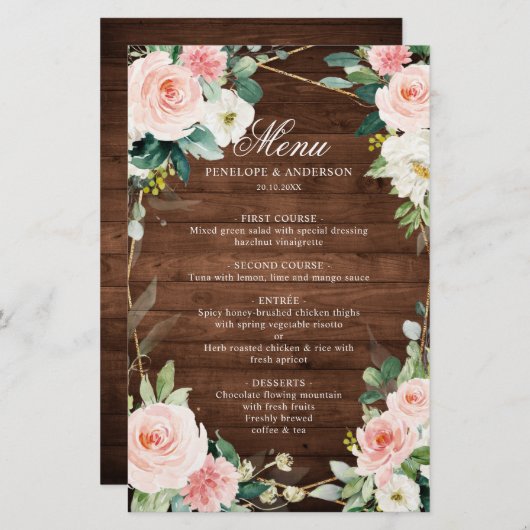 Blush Rustic Wood Botanical Wedding Menu (Voorkant / Achterkant)