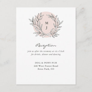 Blush rustieke Monogram krans bruiloft receptie Informatiekaartje