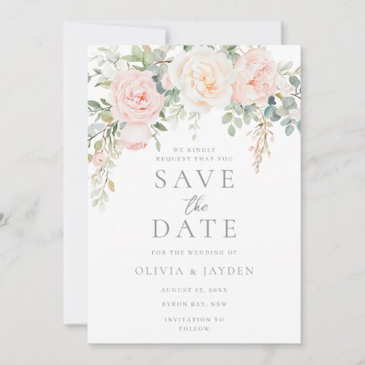 Blush & Sage Bloemige Mooie Bruiloft Save The Date (Voorkant)