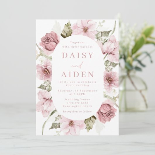 Blush & Sage Dusty Roos, Bloemen Lijst Bruiloft Kaart (Staand voorkant)