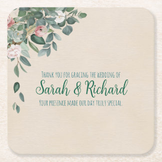 Blush Sage Floral Wedding Drink Vierkante Kartonnen Onderzetter