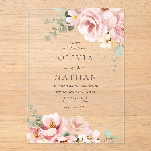 Blush & Sage Groen Goddelijke Elegantie Bruiloft Acryl Uitnodigingen (Voorkant)