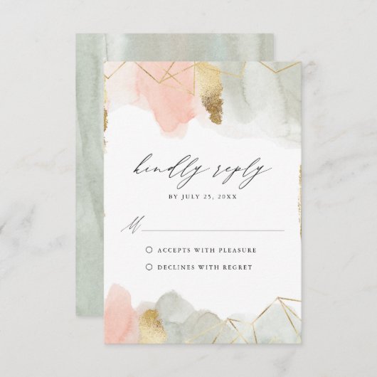 Blush & Sage Waterverf Geometrische Bruiloft RSVP Informatiekaartje (Voorkant / Achterkant)