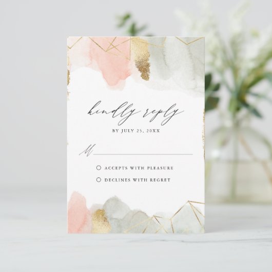 Blush & Sage Waterverf Geometrische Bruiloft RSVP Informatiekaartje (Staand voorkant)