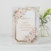 Blush Sakura Marble Gilded Frame Wedding Kaart (Staand voorkant)