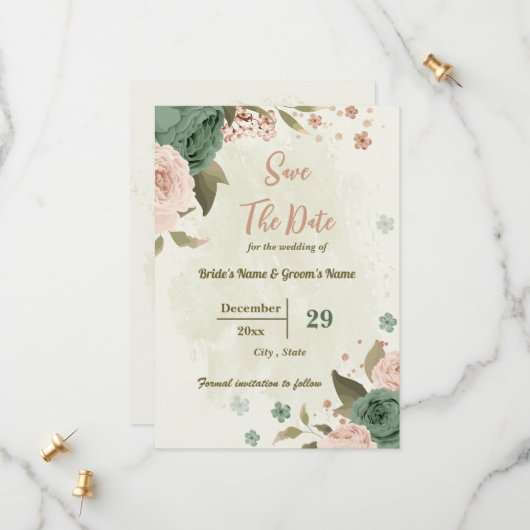 Blush & salie groene bloemen botanische bruiloft save the date (Voorkant / Achterkant in situ)