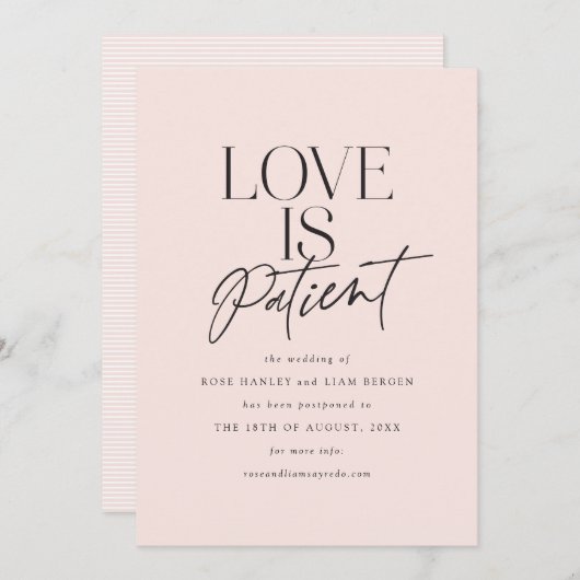 Blush Script Love is Patiënt Verander de datum Aankondiging (Voorkant / Achterkant)