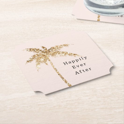 Blush Shell Glam Gold Glitter Palm Tree Kartonnen Onderzetters (Gekanteld)