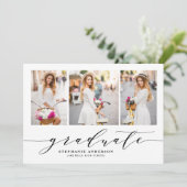 Blush sierlijke script drie foto afstudeerfeest kaart (Staand voorkant)