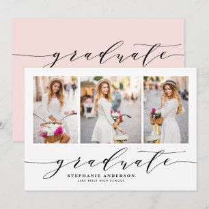 Blush sierlijke script drie foto afstudeerfeest kaart