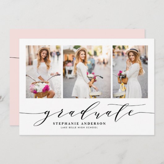 Blush sierlijke script drie foto afstudeerfeest kaart (Voorkant / Achterkant)