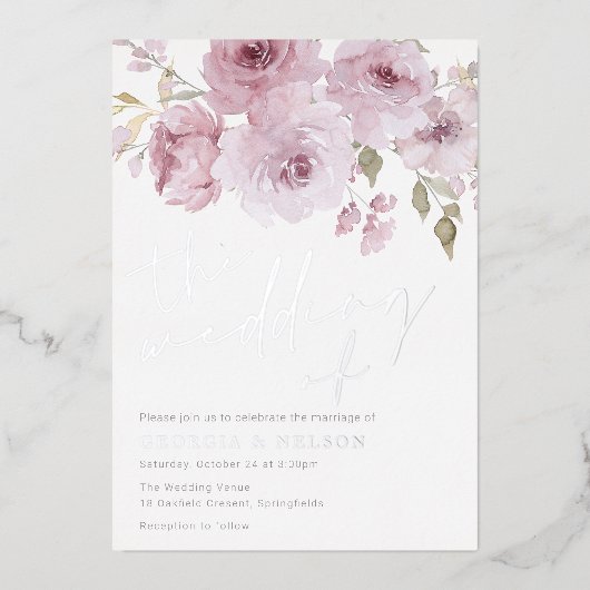 Blush & Silver Dusty Roos Wedding Folie Uitnodiging (Voorkant)