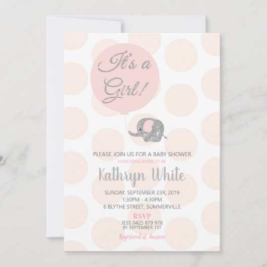 Blush Silver Elephant Baby shower Invitation fille (Devant)